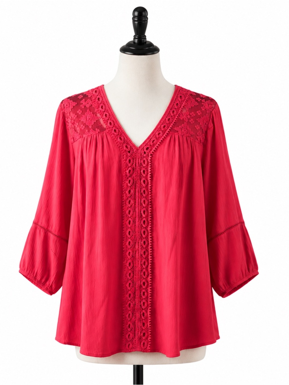 JohnPaulRichard Crochet-Yoke V-Neck Blouse — Vibrant Pink, Size 2X